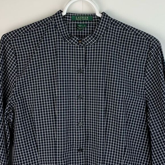 Lauren Ralph Lauren Women’s black and white button up shirt mao collar sz large - Picture 3 of 9